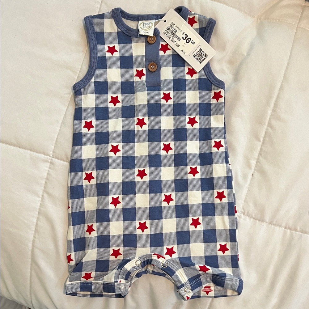 Tessa Babe Navy and White Gingham Romper with Red Stars